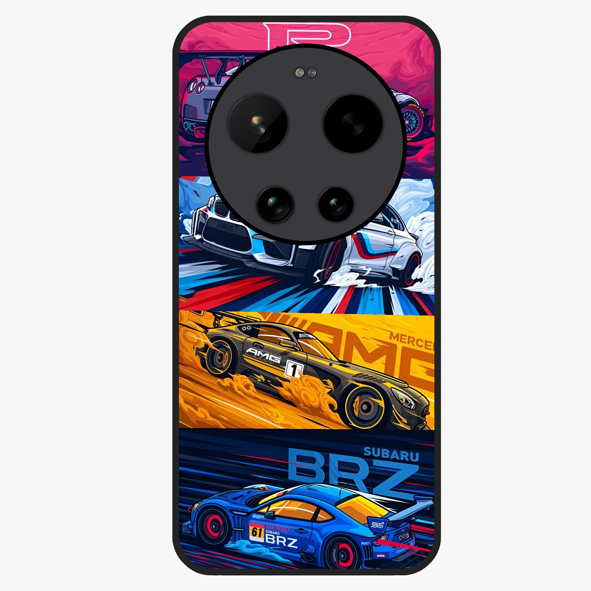 JDM Sports Car Glass Case showing flat back view with high performance sports car artwork and glossy glass finish.