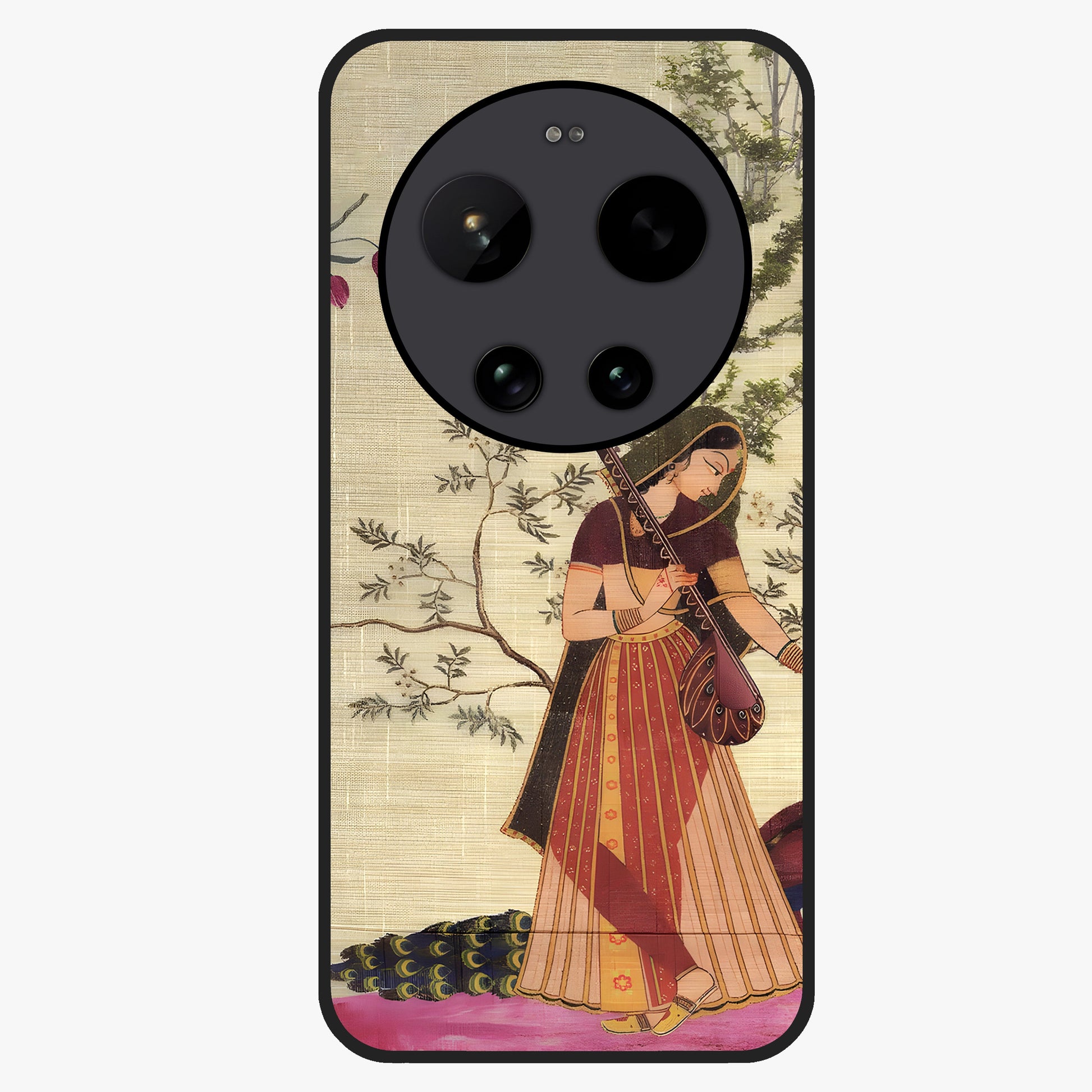 Lady With Veena Art Glass Case showing flat back view with elegant woman playing veena artwork and glossy glass finish.