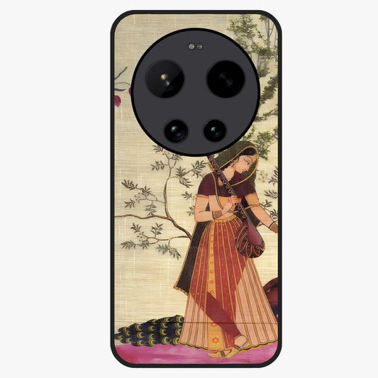 Lady With Veena Art Glass Case showing flat back view with elegant woman playing veena artwork and glossy glass finish.