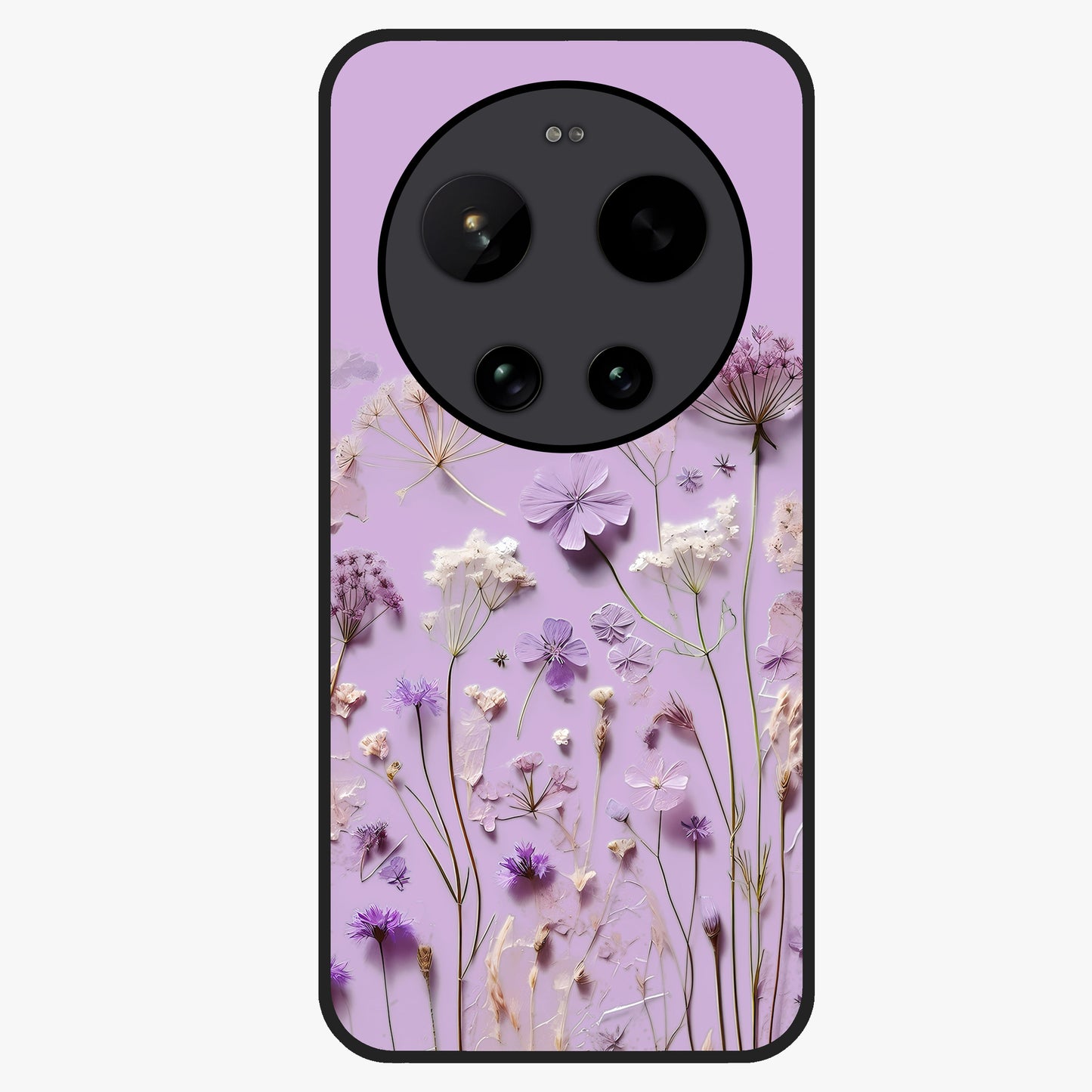 Lavender Blossom Dream Glass Case showing flat back view with soft lavender floral artwork and glossy glass finish.