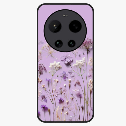 Lavender Blossom Dream Glass Case showing flat back view with soft lavender floral artwork and glossy glass finish.