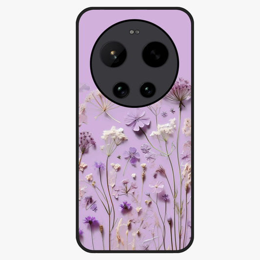 Lavender Blossom Dream Glass Case showing flat back view with soft lavender floral artwork and glossy glass finish.
