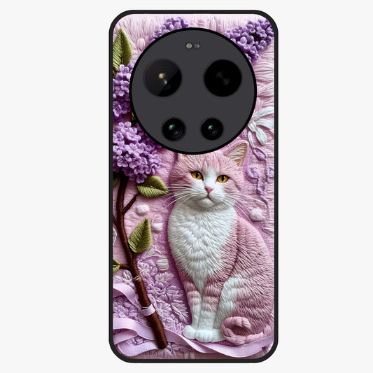 Lavender Cat Whimsy Glass Case showing flat back view with cute lavender cat artwork and glossy glass finish.