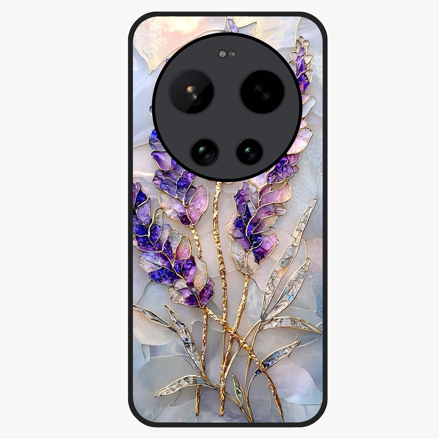 Lavender Dream Glow Glass Case showing flat back view with glowing lavender aesthetic artwork and glossy glass finish.