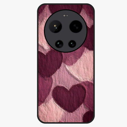 Layered Paper Hearts Glass Case showing flat back view with layered paper heart artwork and glossy glass finish.