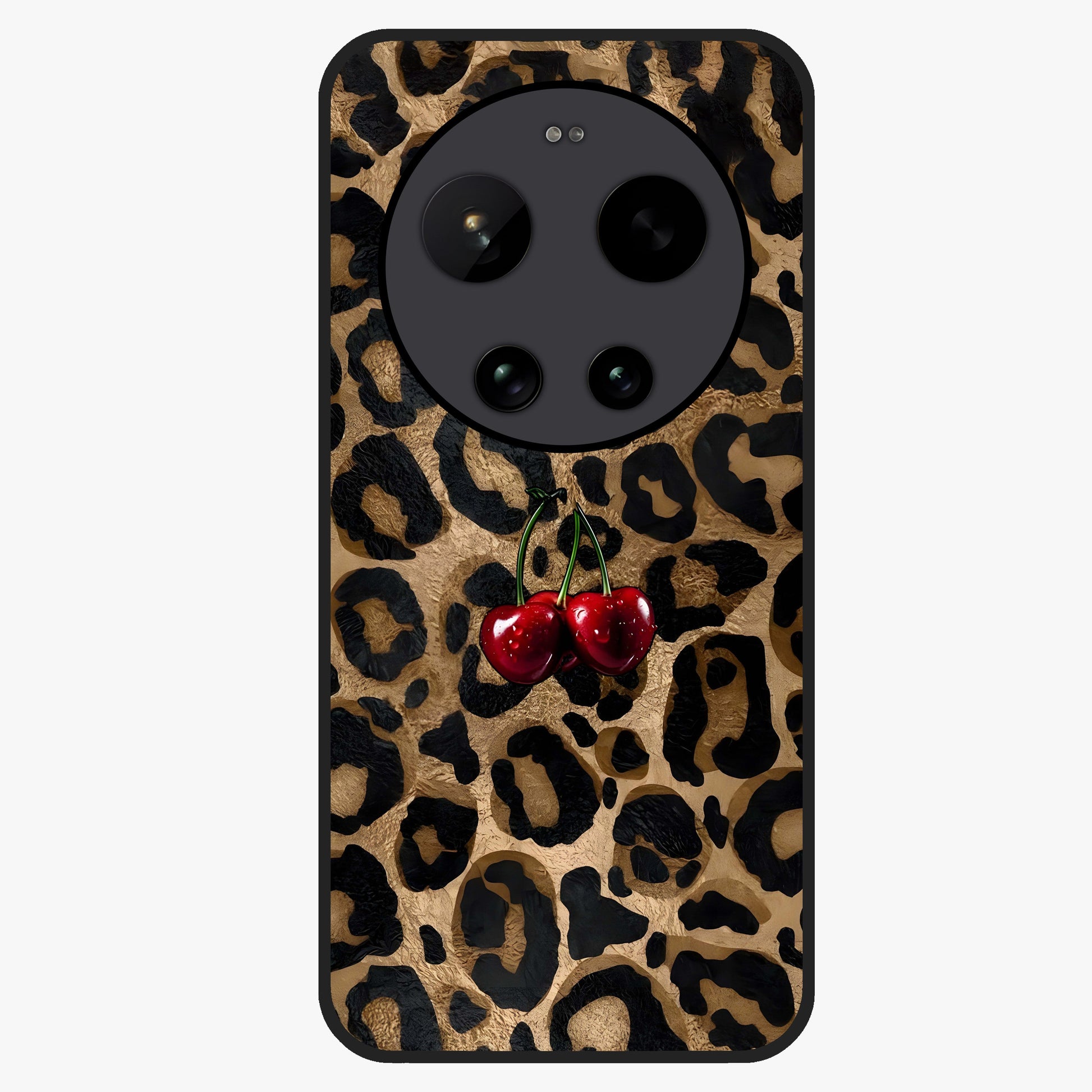 Leopard Wild Cherry Glass Case showing flat back view with leopard pattern and cherry artwork and glossy glass finish.