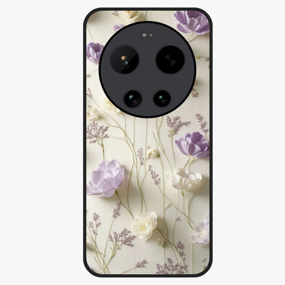 Lilac Breeze Harmony Glass Case showing flat back view with soft lilac themed artwork and glossy glass finish.