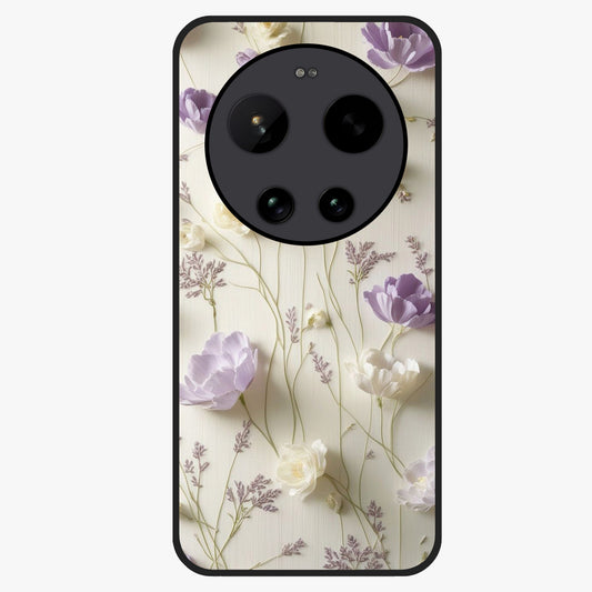 Lilac Breeze Harmony Glass Case showing flat back view with soft lilac themed artwork and glossy glass finish.