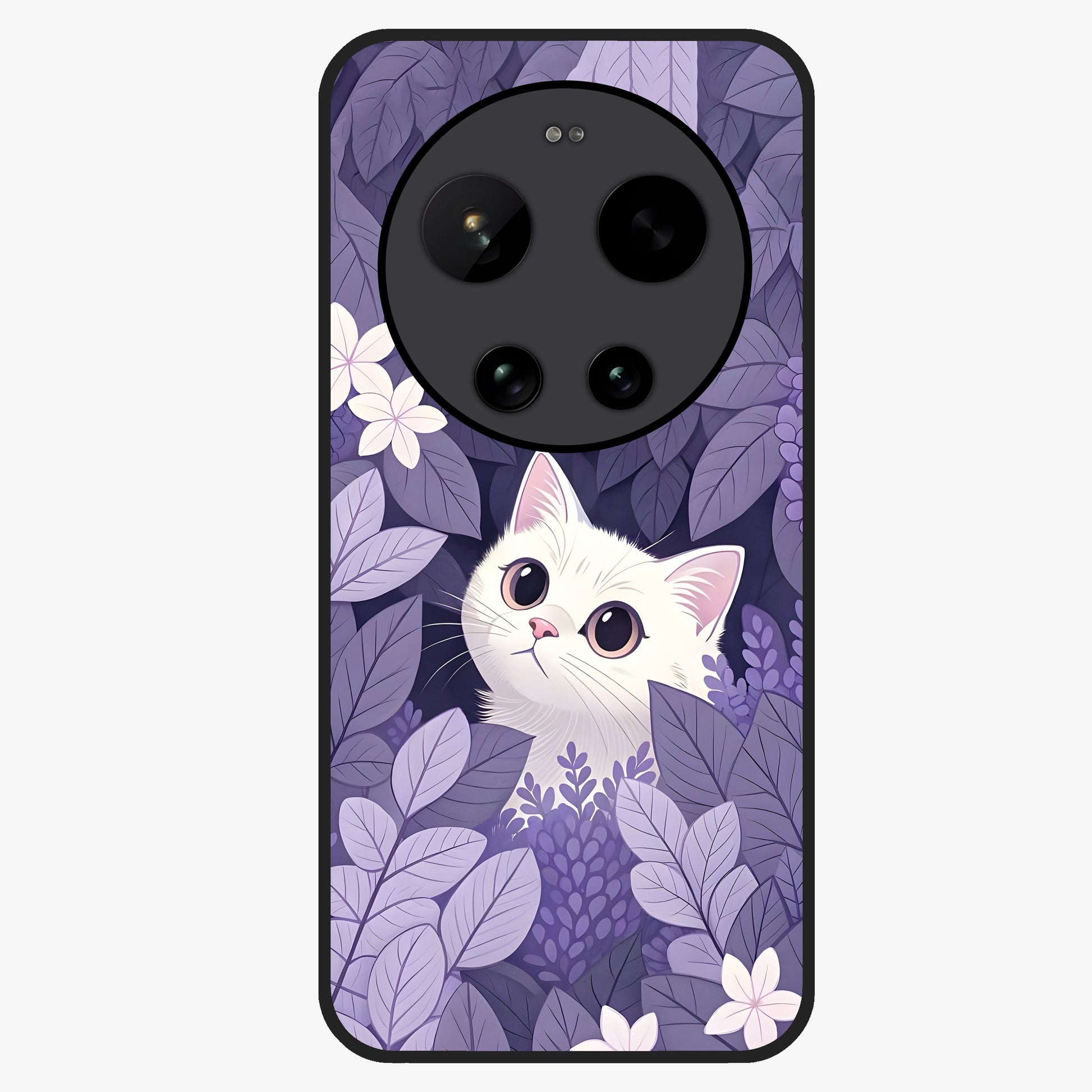 Lilac Hide Peek Cat Glass Case showing flat back view with cute peeking cat artwork and glossy glass finish.
