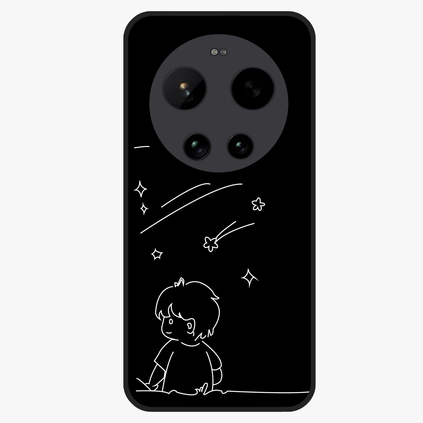 Line Art Boy With Shooting Stars Glass Case showing flat back view with minimal line art boy and shooting stars illustration and glossy glass finish.