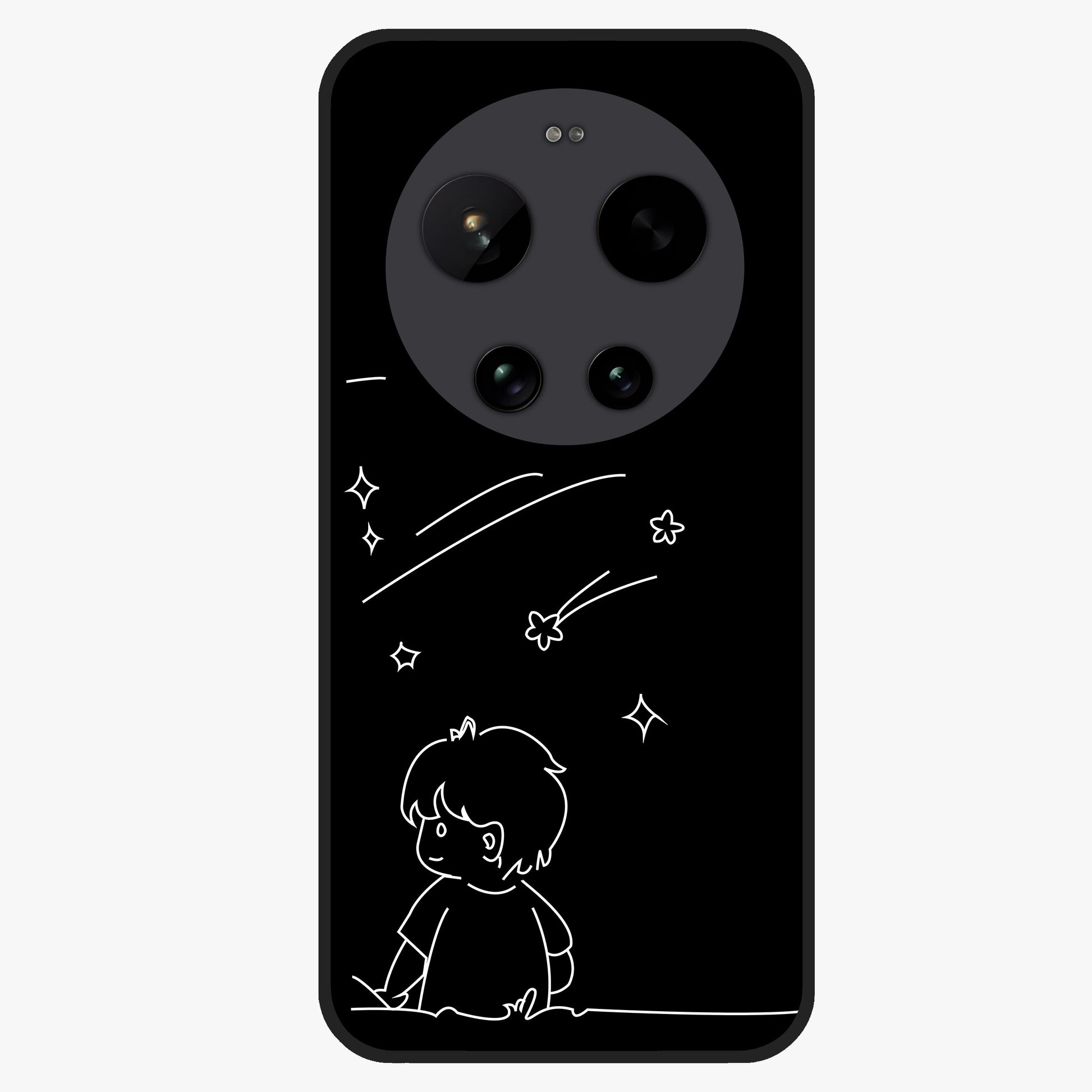 Line Art Boy With Shooting Stars Glass Case showing flat back view with minimal line art boy and shooting stars illustration and glossy glass finish.