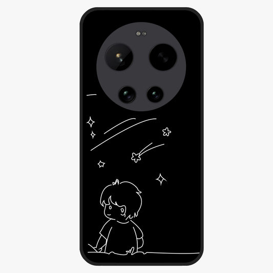 Line Art Boy With Shooting Stars Glass Case showing flat back view with minimal line art boy and shooting stars illustration and glossy glass finish.