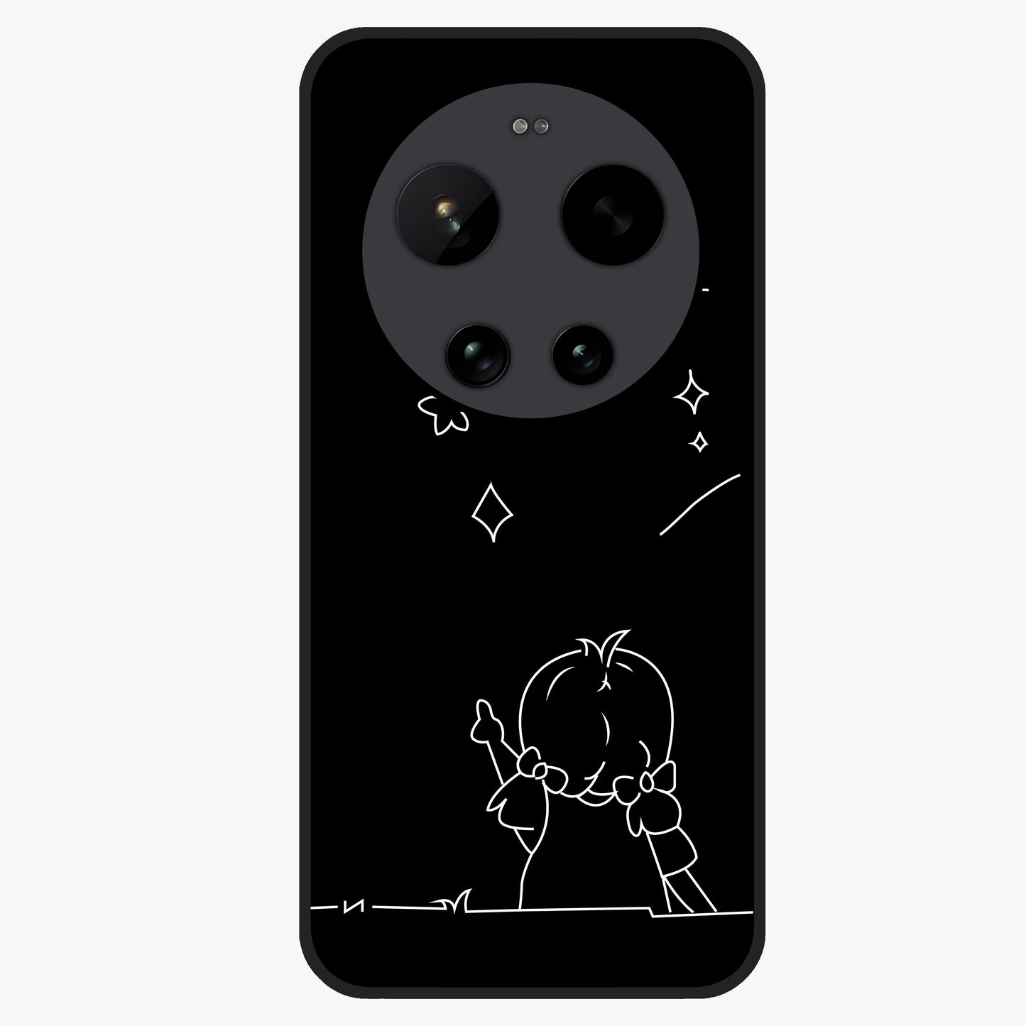 Line Art Girl With Shooting Stars Glass Case showing flat back view with minimal line art girl and shooting stars illustration and glossy glass finish.