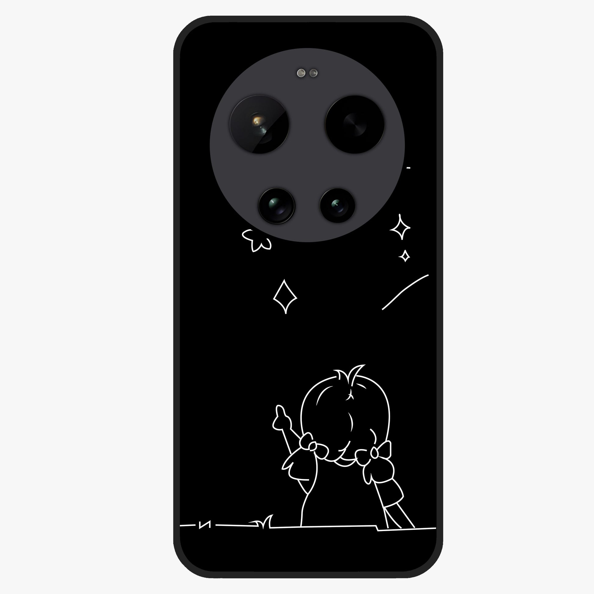 Line Art Girl With Shooting Stars Glass Case showing flat back view with minimal line art girl and shooting stars illustration and glossy glass finish.
