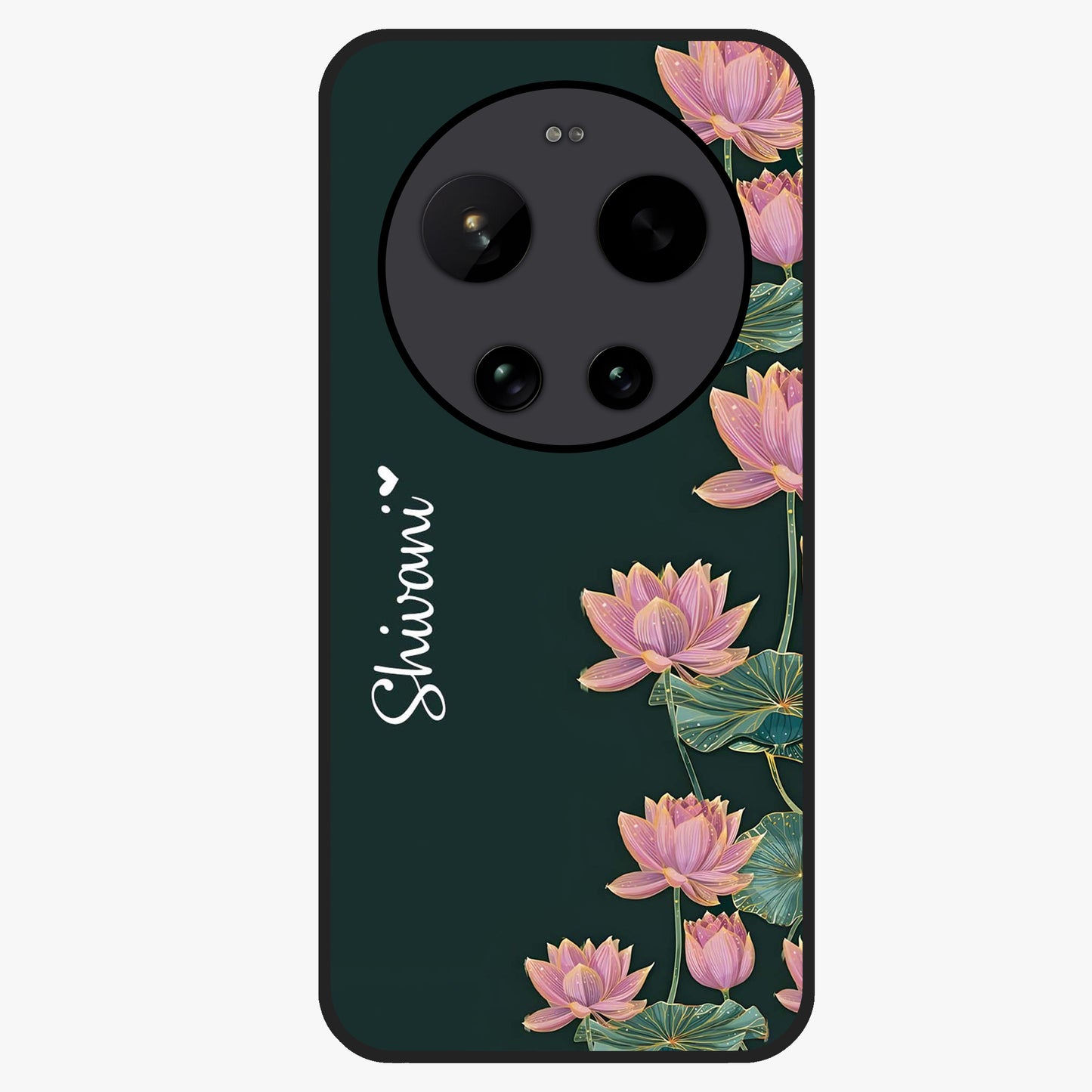 Lotus Bloom Serenity Custom Name Glass Case showing flat back view with elegant lotus flower artwork and personalized name design.