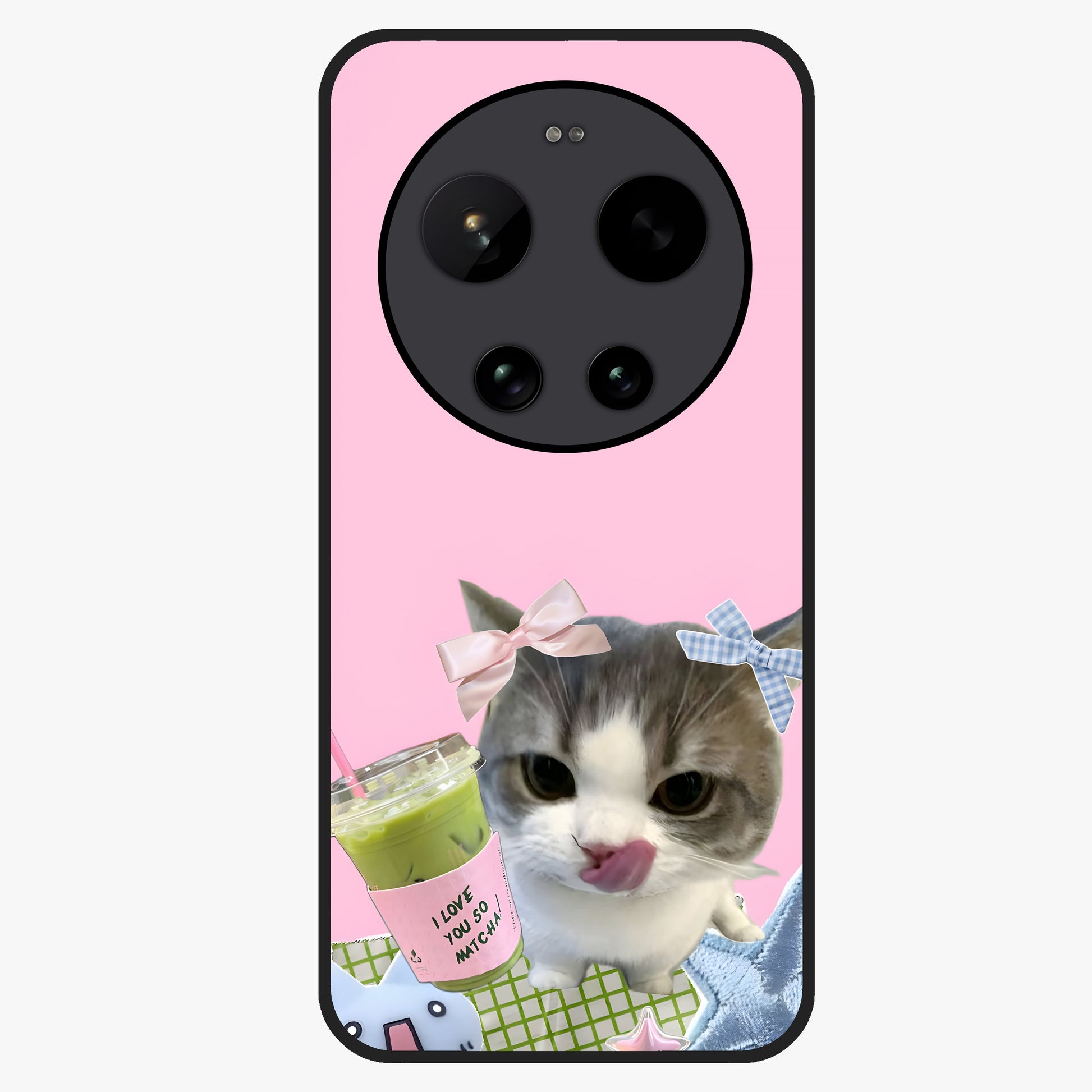 Love Matcha Cat Glass Case showing flat back view with cute cat and matcha themed artwork and glossy glass finish.