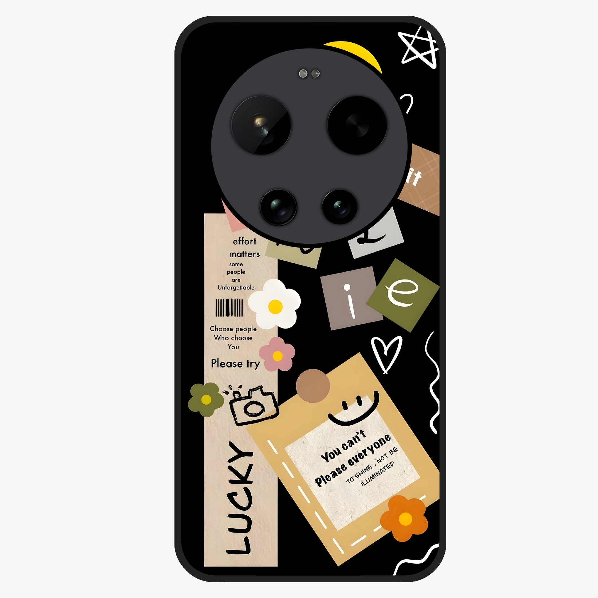 Lucky Aesthetic Collage Glass Case showing flat back view with trendy aesthetic collage artwork and glossy glass finish.