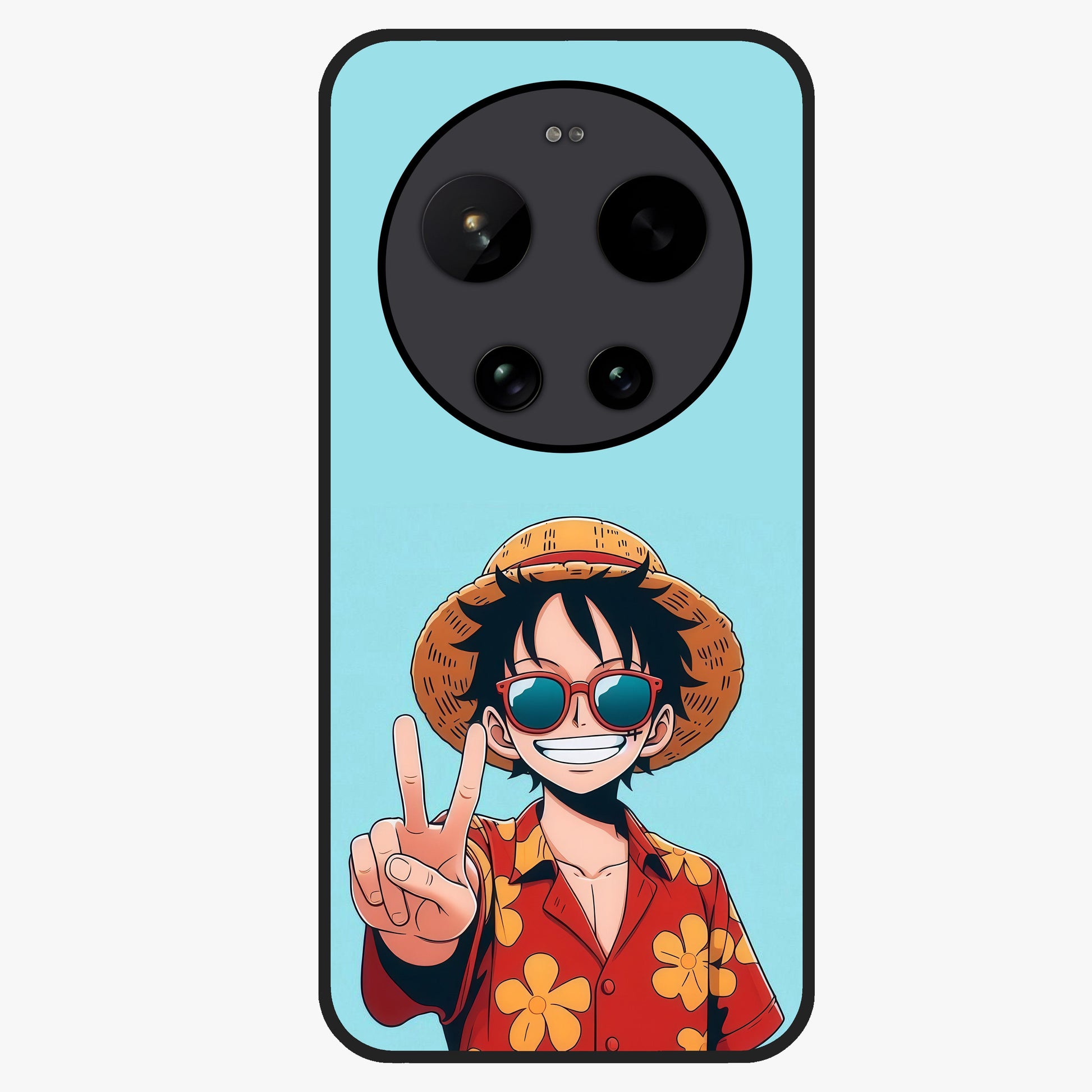 Luffy Summer Anime Vibe Glass Case showing flat back view with vibrant anime character artwork and glossy glass finish.