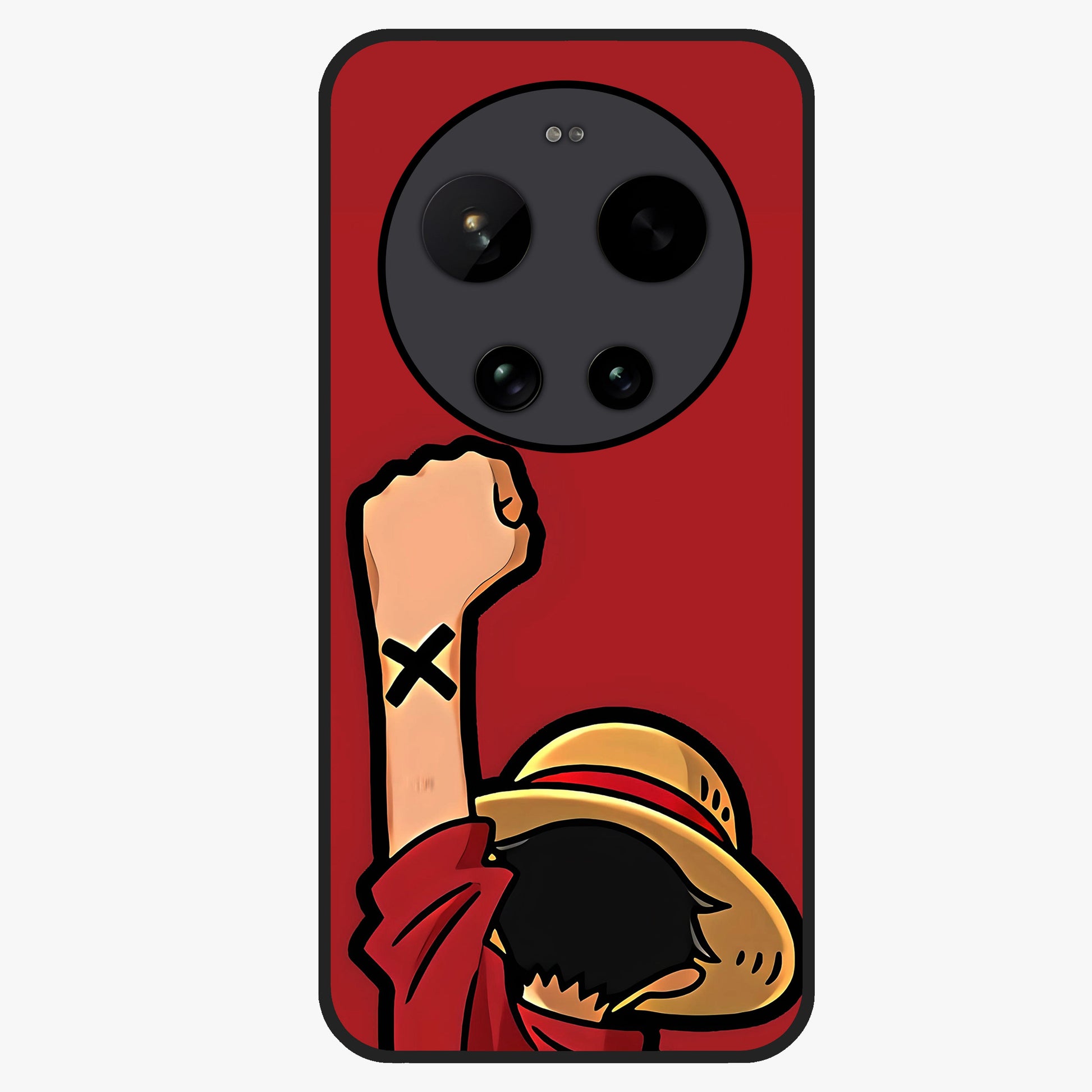 Luffy X Spirit Glass Case showing flat back view with bold anime character artwork and glossy glass finish.