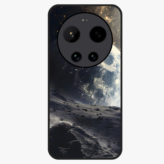 Lunar Horizon Glow Glass Case showing flat back view with glowing moon horizon artwork and glossy glass finish.