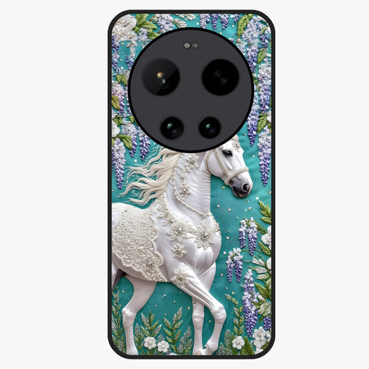 Majestic Floral Stallion Glass Case showing flat back view with powerful horse and floral artwork and glossy glass finish.
