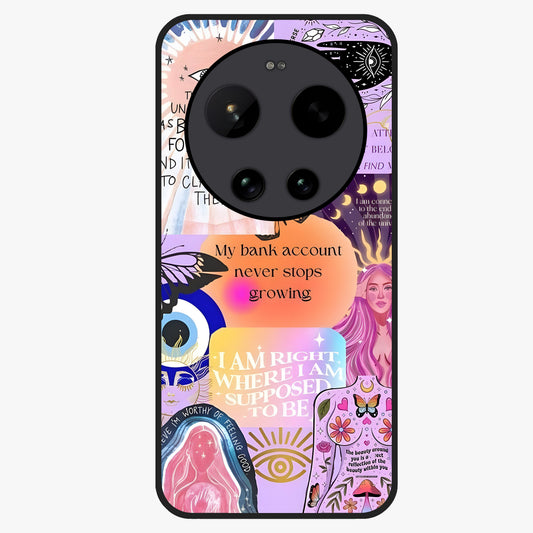 Manifestation Collage Glass Case showing flat back view with motivational collage artwork and glossy glass finish.