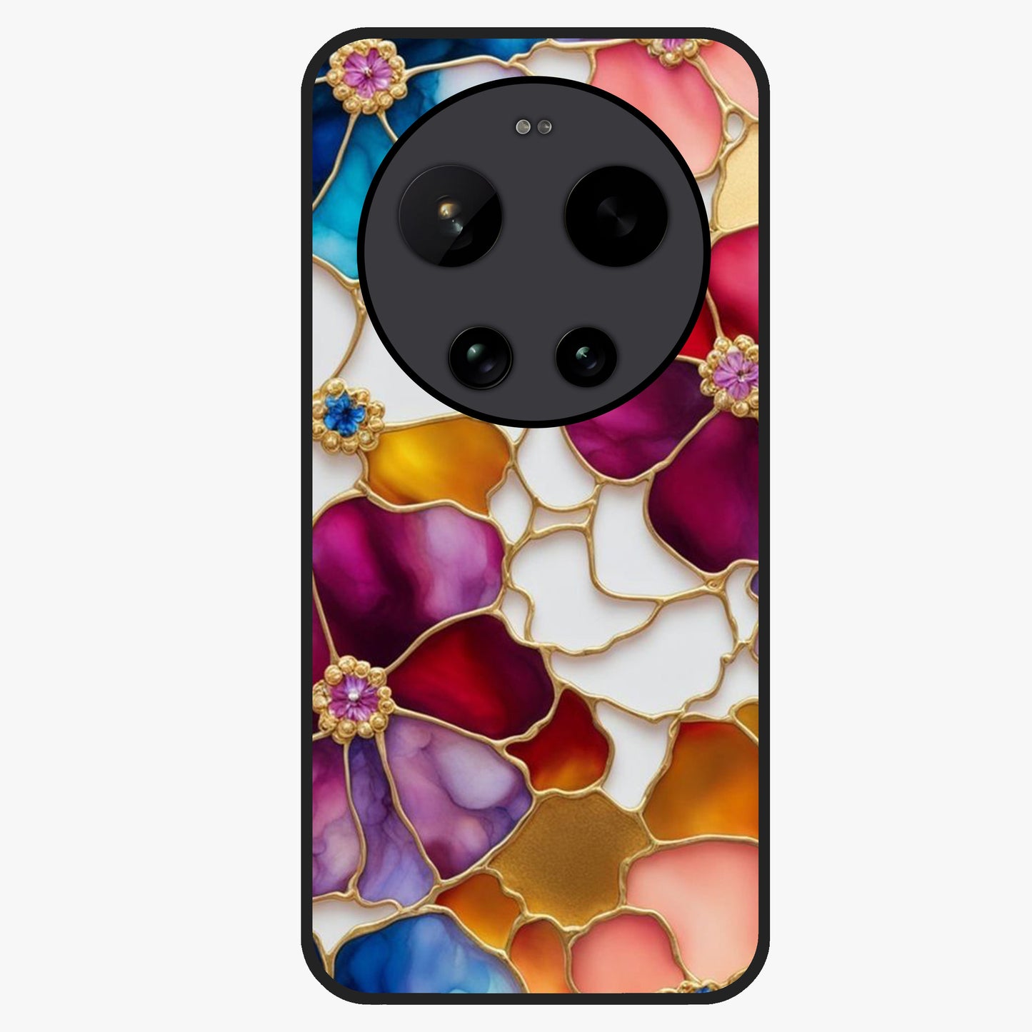 Marble Flower Pattern Glass Case showing flat back view with marble texture floral artwork and glossy glass finish.