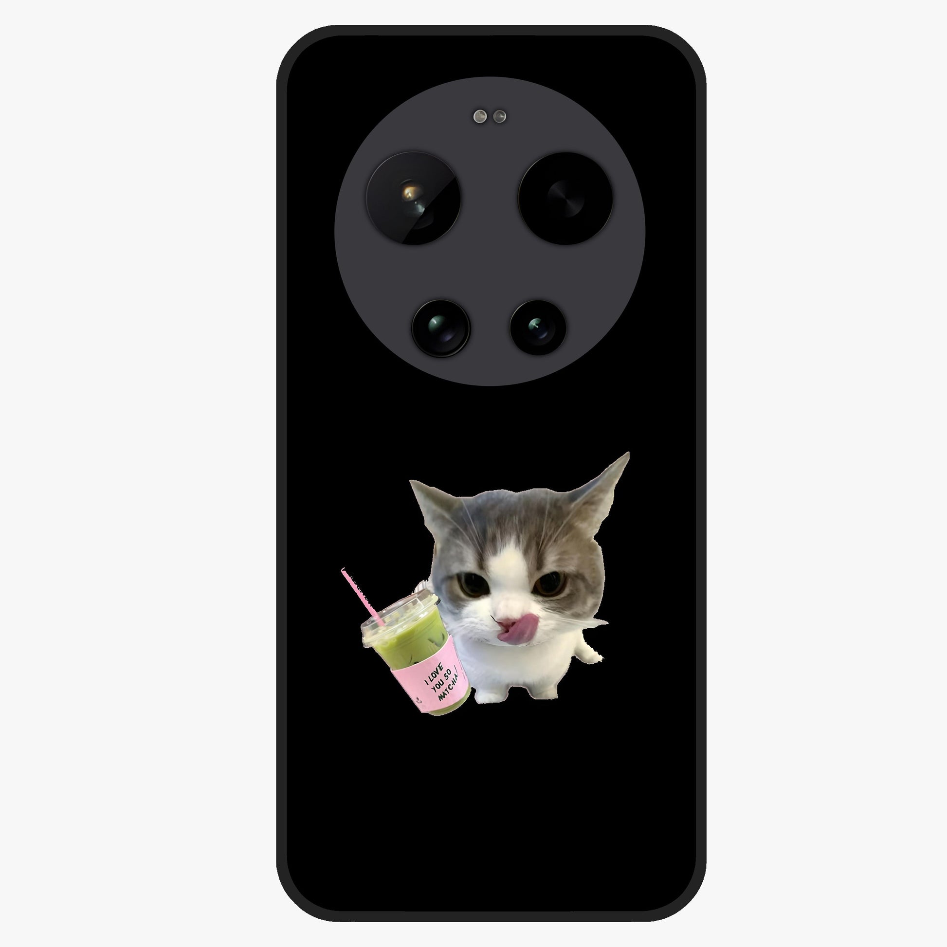 Matcha Cat Style Glass Case showing flat back view with cute matcha themed cat artwork and glossy glass finish.