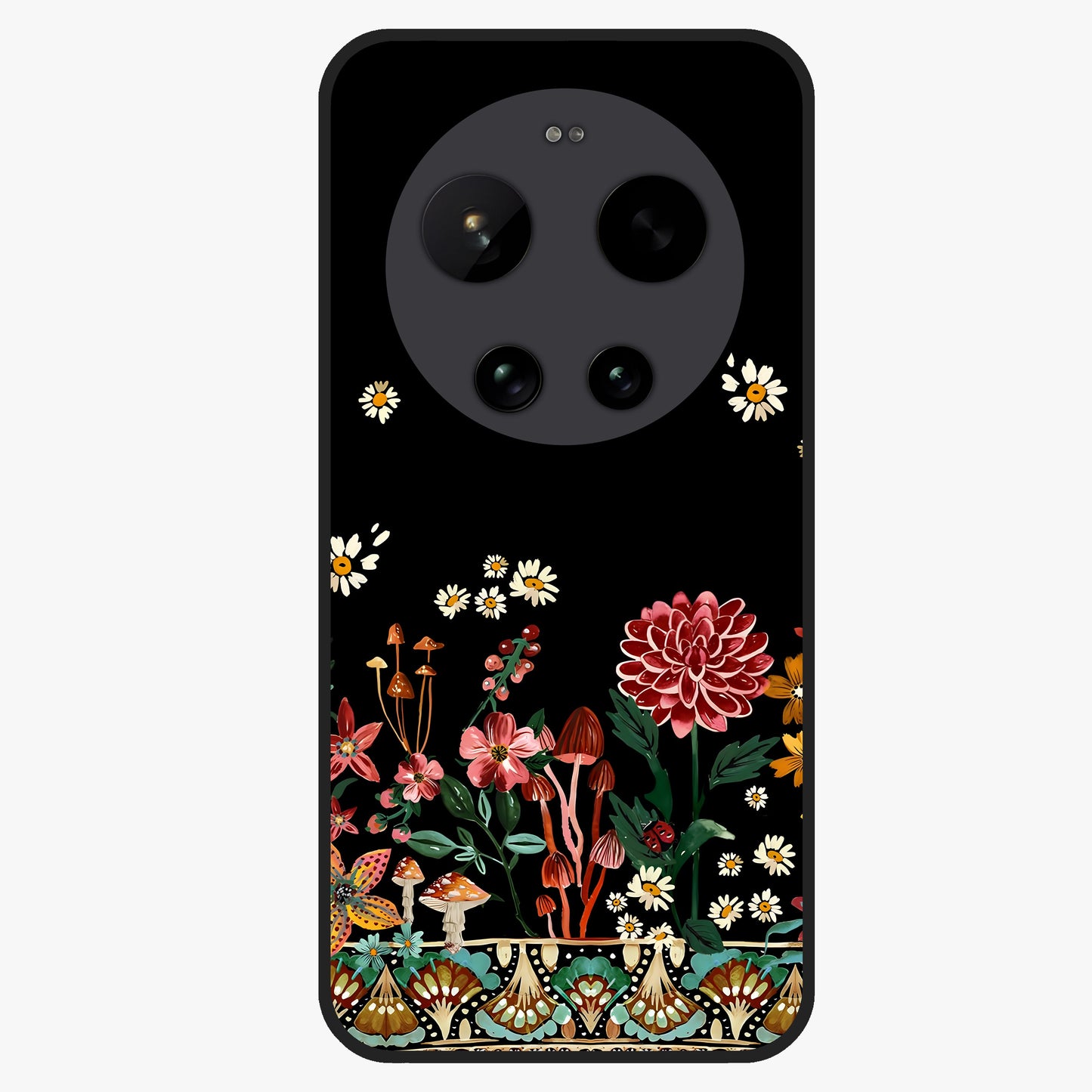 Midnight Bloom Pattern Glass Case showing flat back view with dark floral pattern artwork and glossy glass finish.