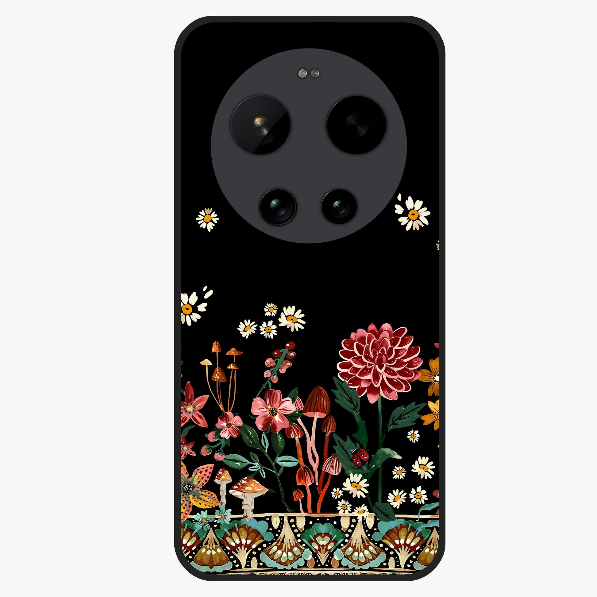Midnight Bloom Pattern Glass Case showing flat back view with dark floral pattern artwork and glossy glass finish.