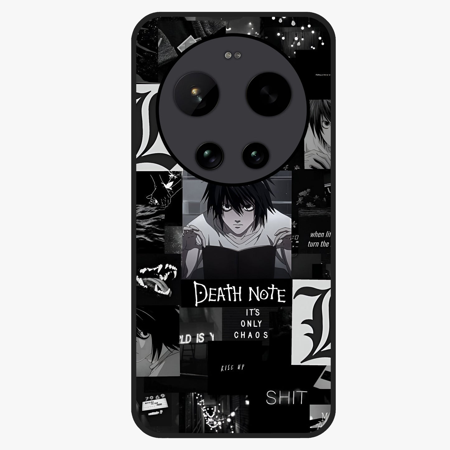 Midnight Chaos Mind Glass Case showing flat back view with abstract dark themed artwork and glossy glass finish.