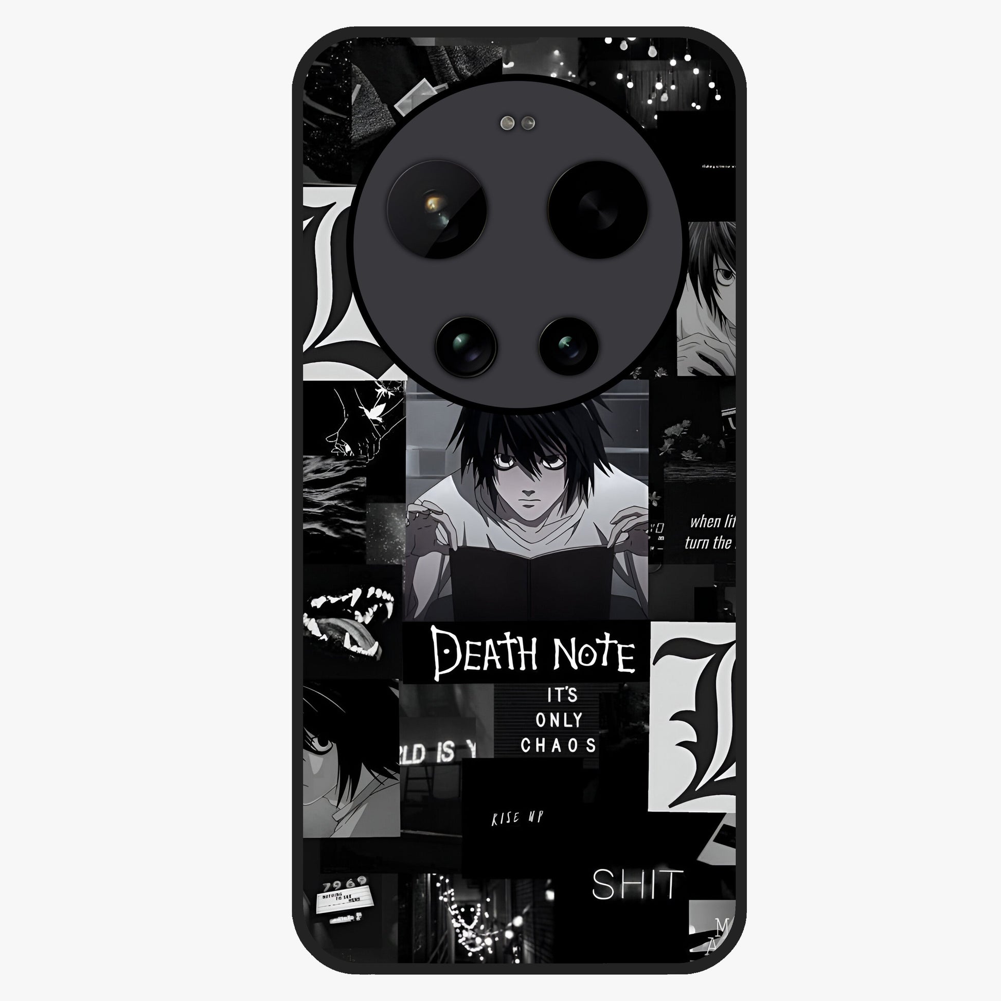 Midnight Chaos Mind Glass Case showing flat back view with abstract dark themed artwork and glossy glass finish.