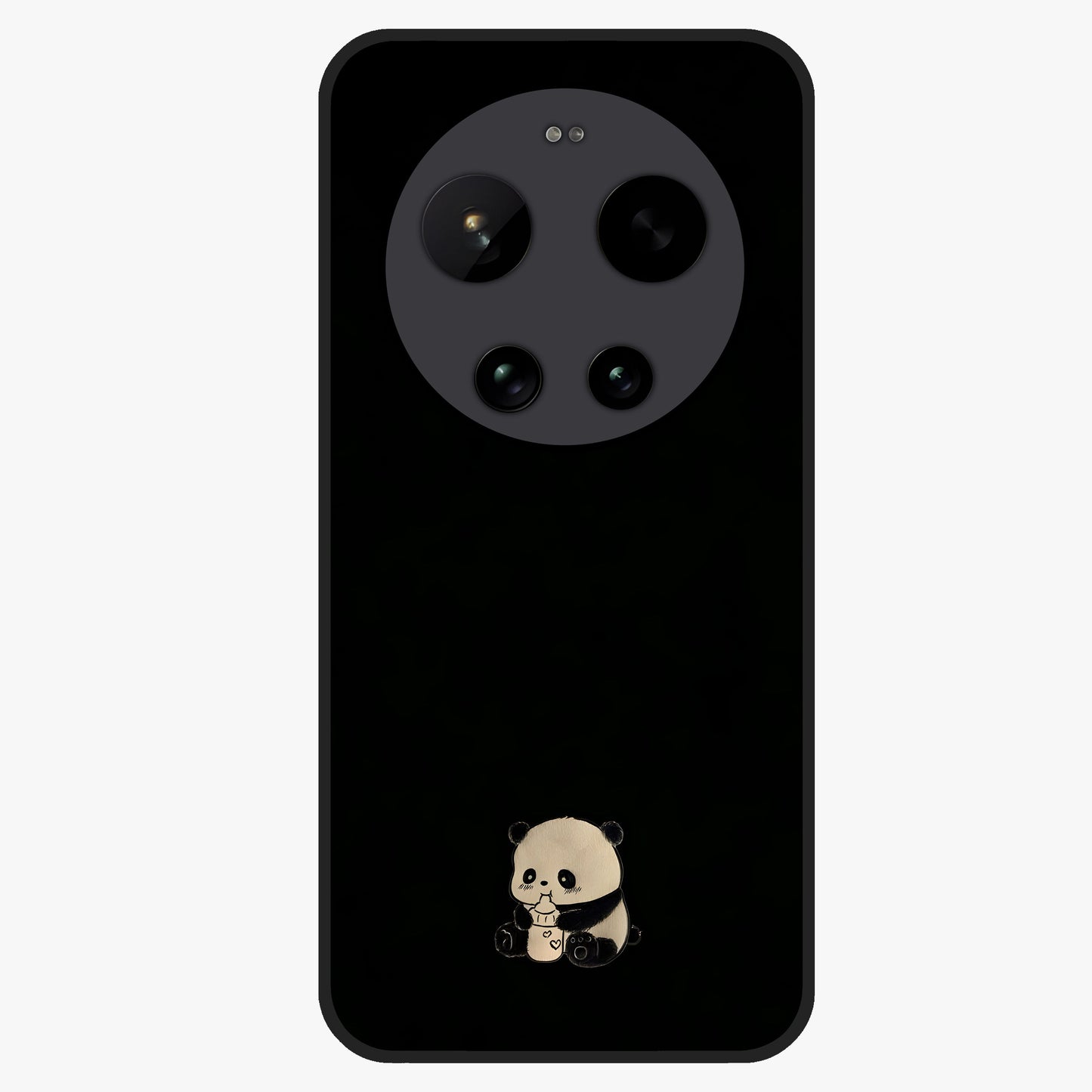 Midnight Panda Love Glass Case showing flat back view with cute panda themed artwork and glossy glass finish.