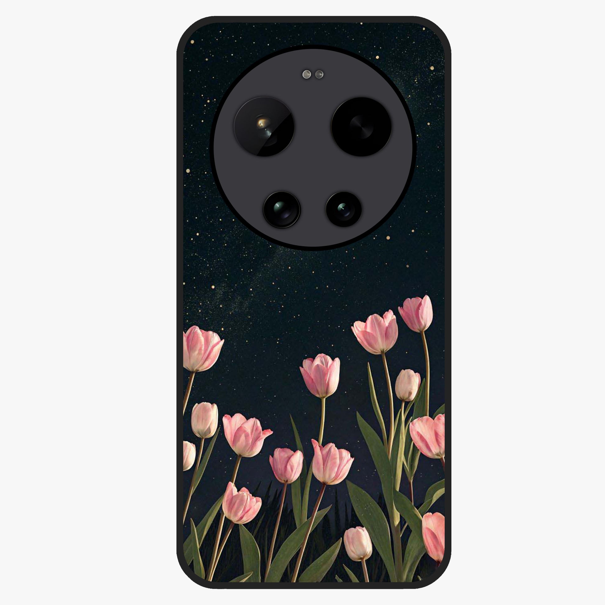 Midnight Tulip Whispers Vibe Glass Case showing flat back view with elegant tulip flower artwork and glossy glass finish.
