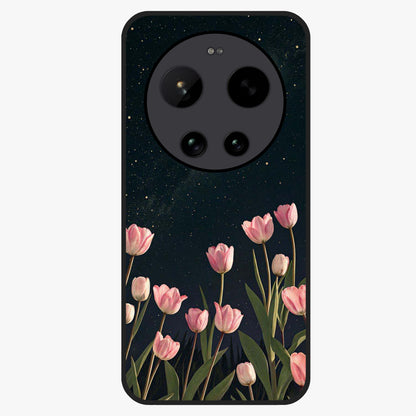 Midnight Tulip Whispers Vibe Glass Case showing flat back view with elegant tulip flower artwork and glossy glass finish.