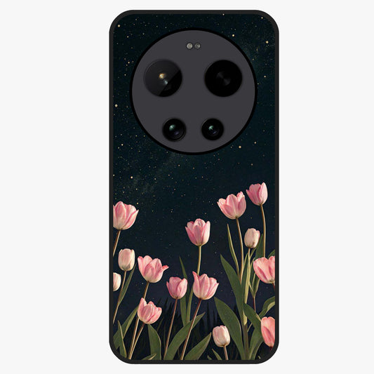 Midnight Tulip Whispers Vibe Glass Case showing flat back view with elegant tulip flower artwork and glossy glass finish.