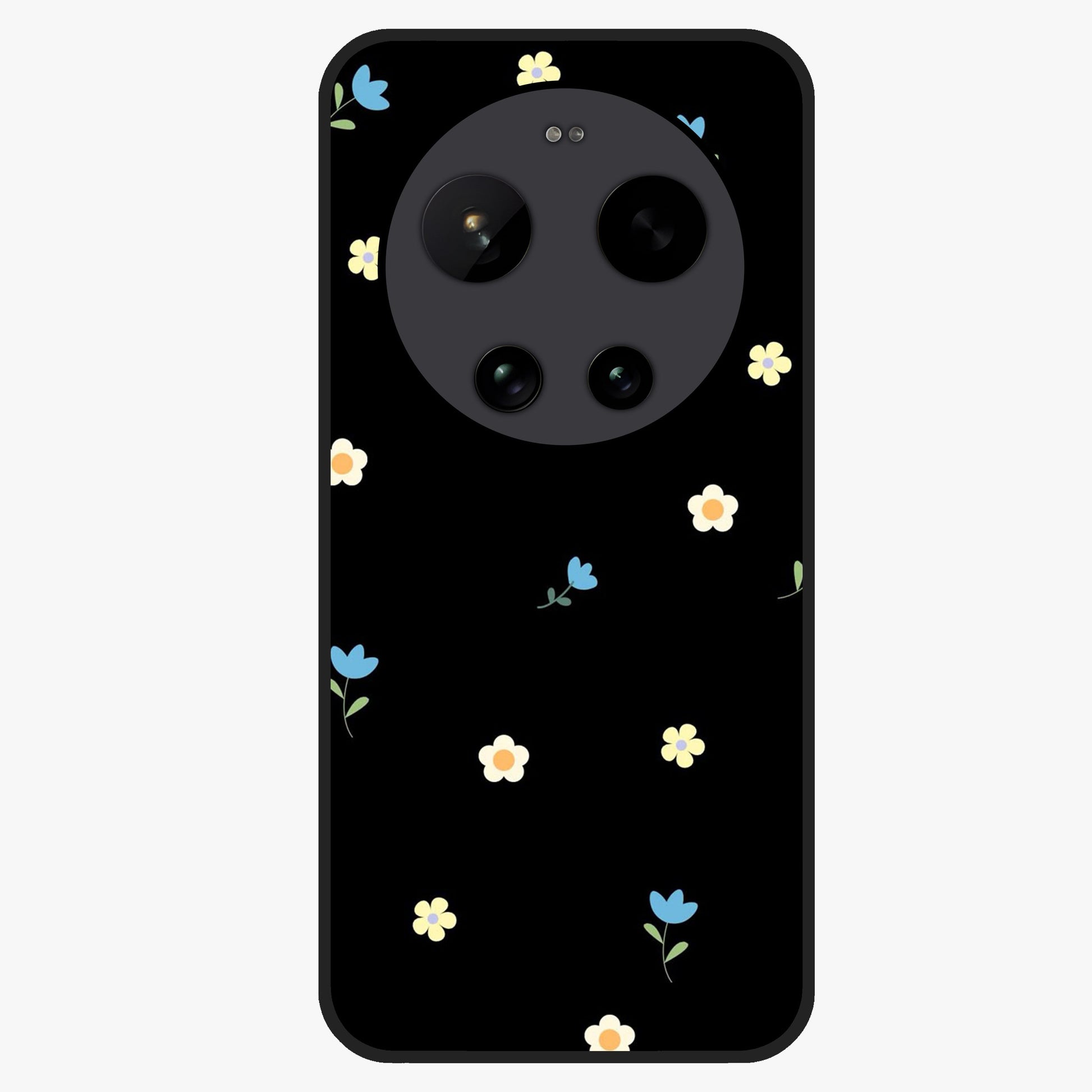 Minimalistic Blue With White Flower Pattern Glass Case showing flat back view with blue background and white flower pattern and glossy glass finish.