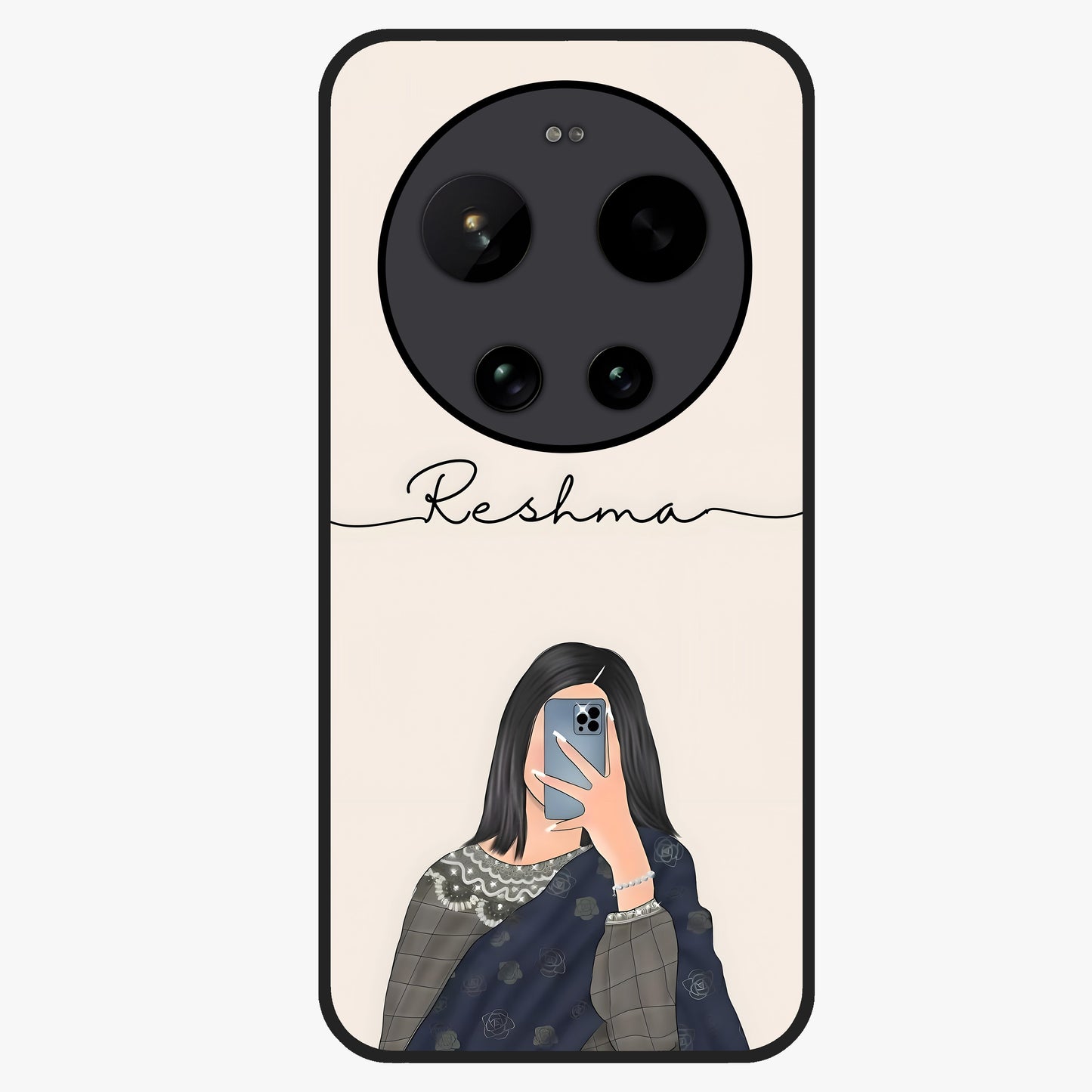 Mirror Mood Muse With Custom Name Glass Case showing flat back view with stylish mirrored artwork and personalized name design.