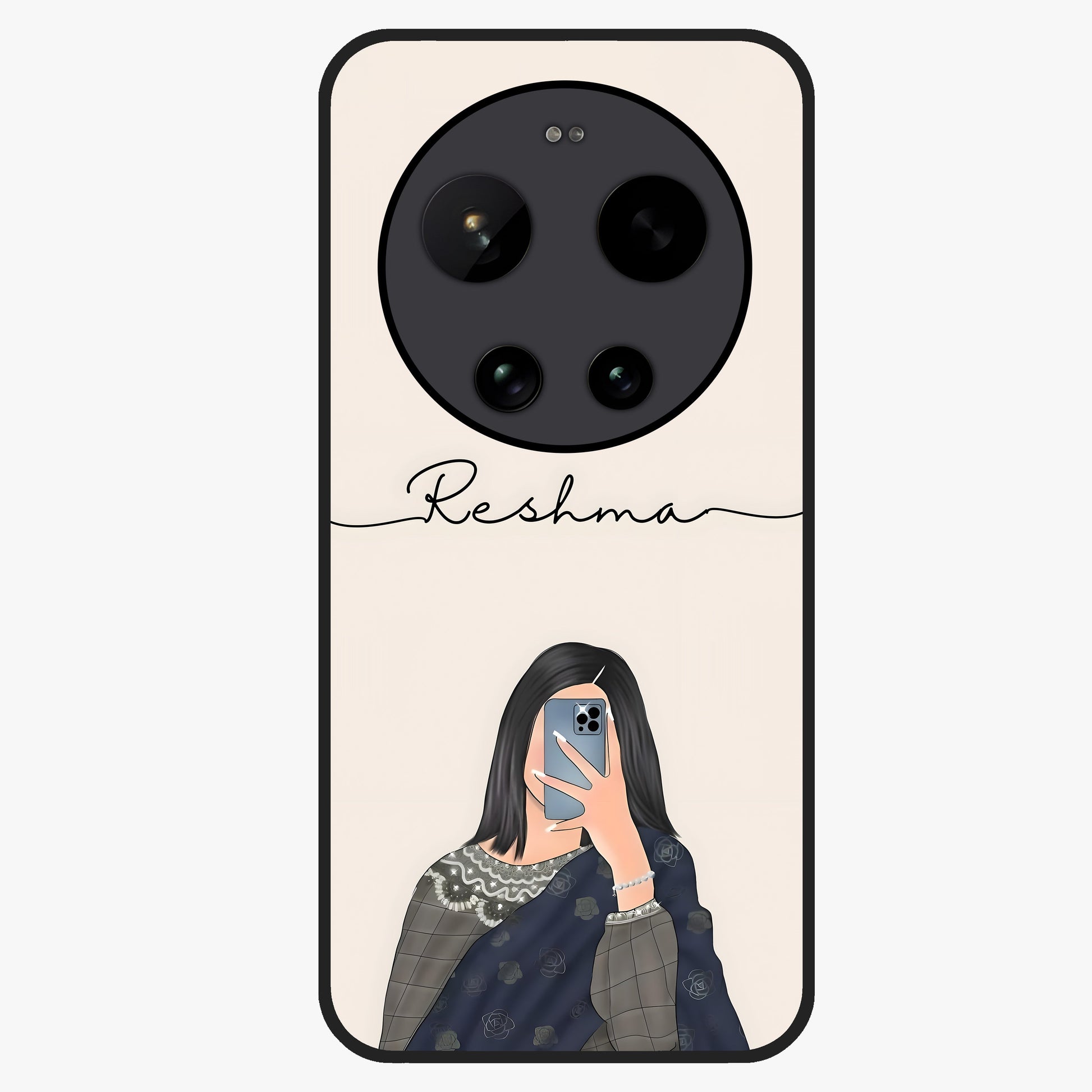 Mirror Mood Muse With Custom Name Glass Case showing flat back view with stylish mirrored artwork and personalized name design.