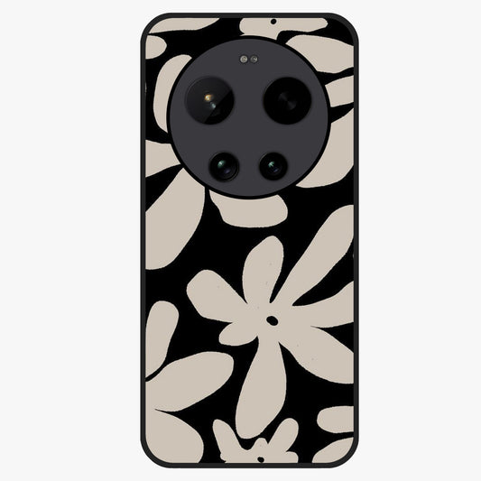 Monochrome Petal Dance Glass Case showing flat back view with monochrome floral artwork and glossy glass finish.