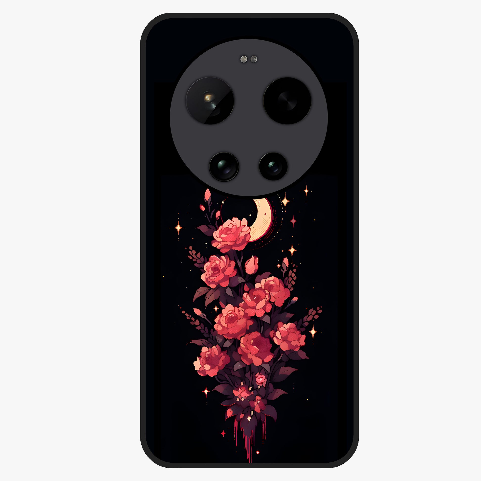 Moonlit Floral Elegance Glass Case showing flat back view with elegant floral artwork under moonlit tones and glossy glass finish.