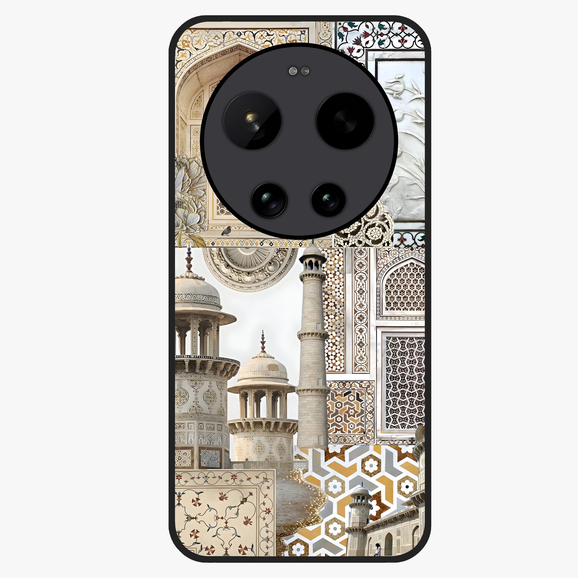 Mughal Marble Legacy Glass Case showing flat back view with intricate Mughal inspired marble pattern and glossy glass finish.