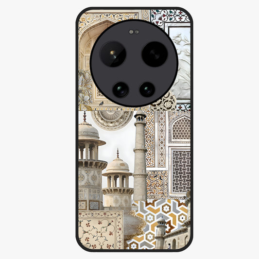 Mughal Marble Legacy Glass Case showing flat back view with intricate Mughal inspired marble pattern and glossy glass finish.