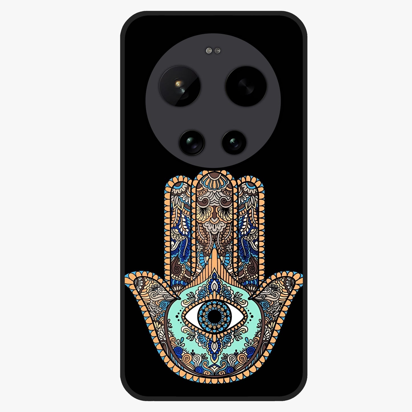 Mystic Hamsa Eye Glass Case showing flat back view with protective hamsa hand and evil eye artwork and glossy glass finish.