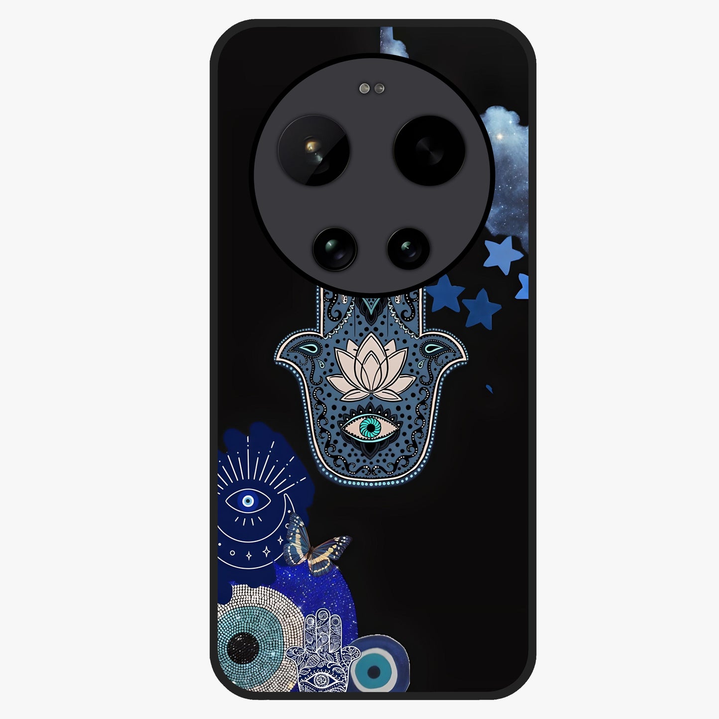 Mystic Hand Aura Glass Case showing flat back view with mystical hand symbol artwork and glossy glass finish.