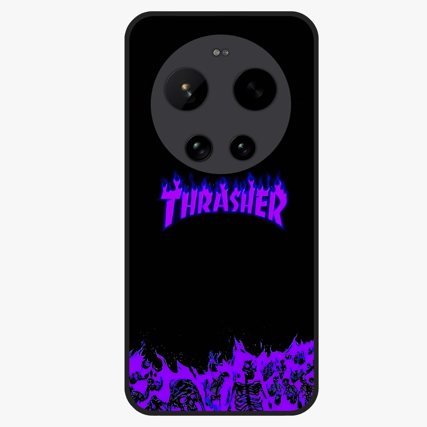 Neon Flame Riot Glass Case showing flat back view with neon flame artwork and glossy glass finish.