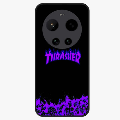 Neon Flame Riot Glass Case showing flat back view with neon flame artwork and glossy glass finish.