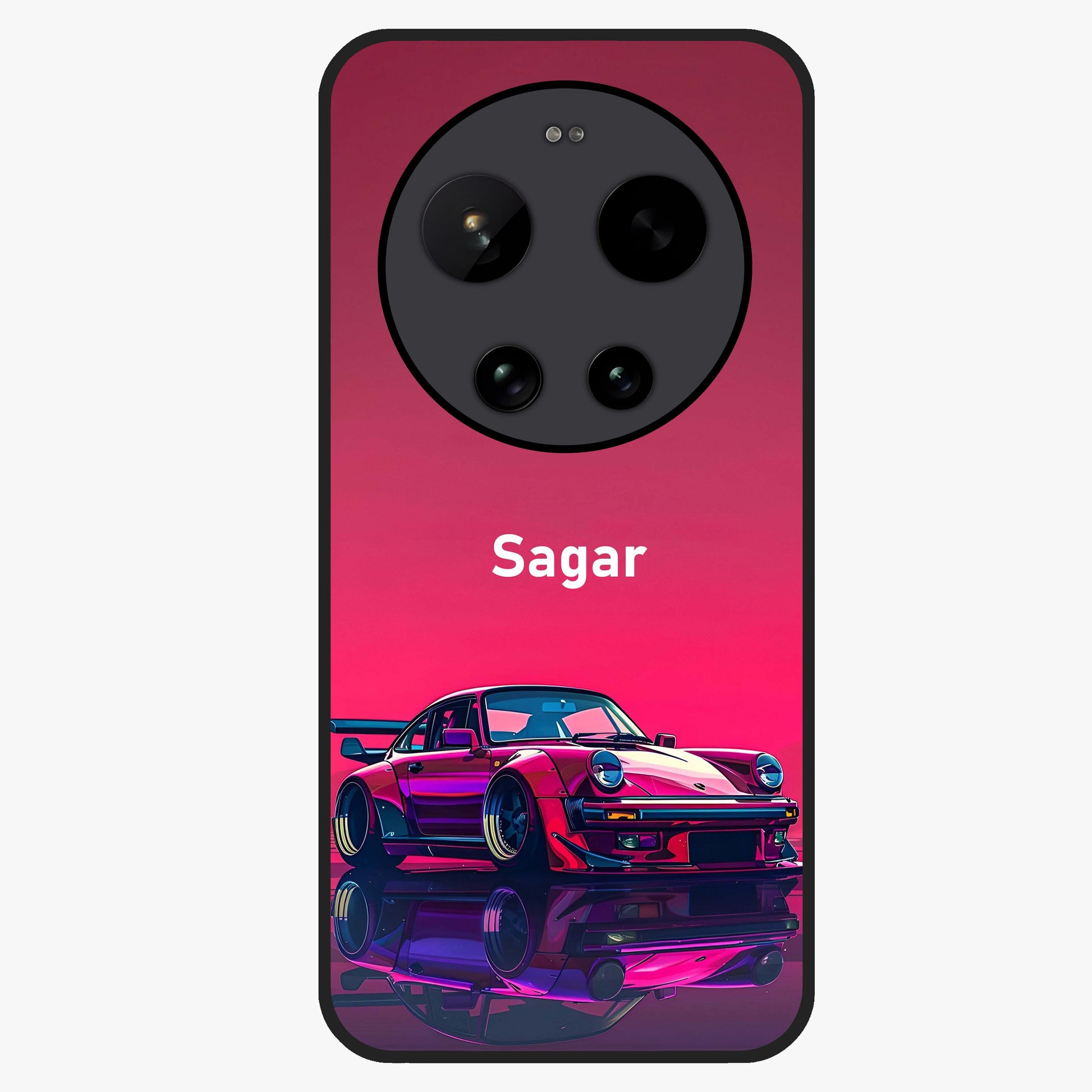 Neon Pink Porsche Glass Case showing flat back view with stylish sports car artwork and glossy glass finish.