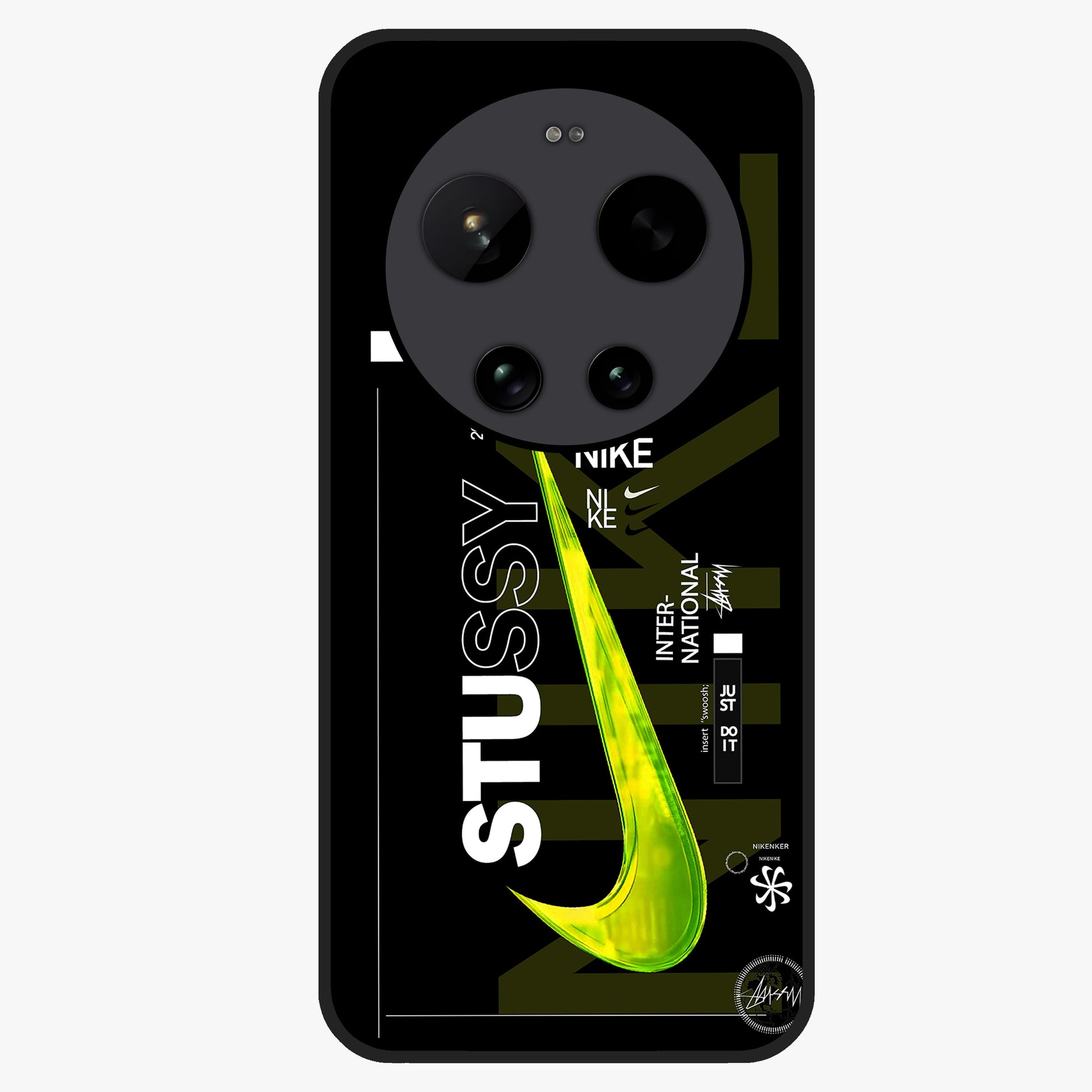 Neon Street Edition Glass Case showing flat back view with neon street style artwork and glossy glass finish.