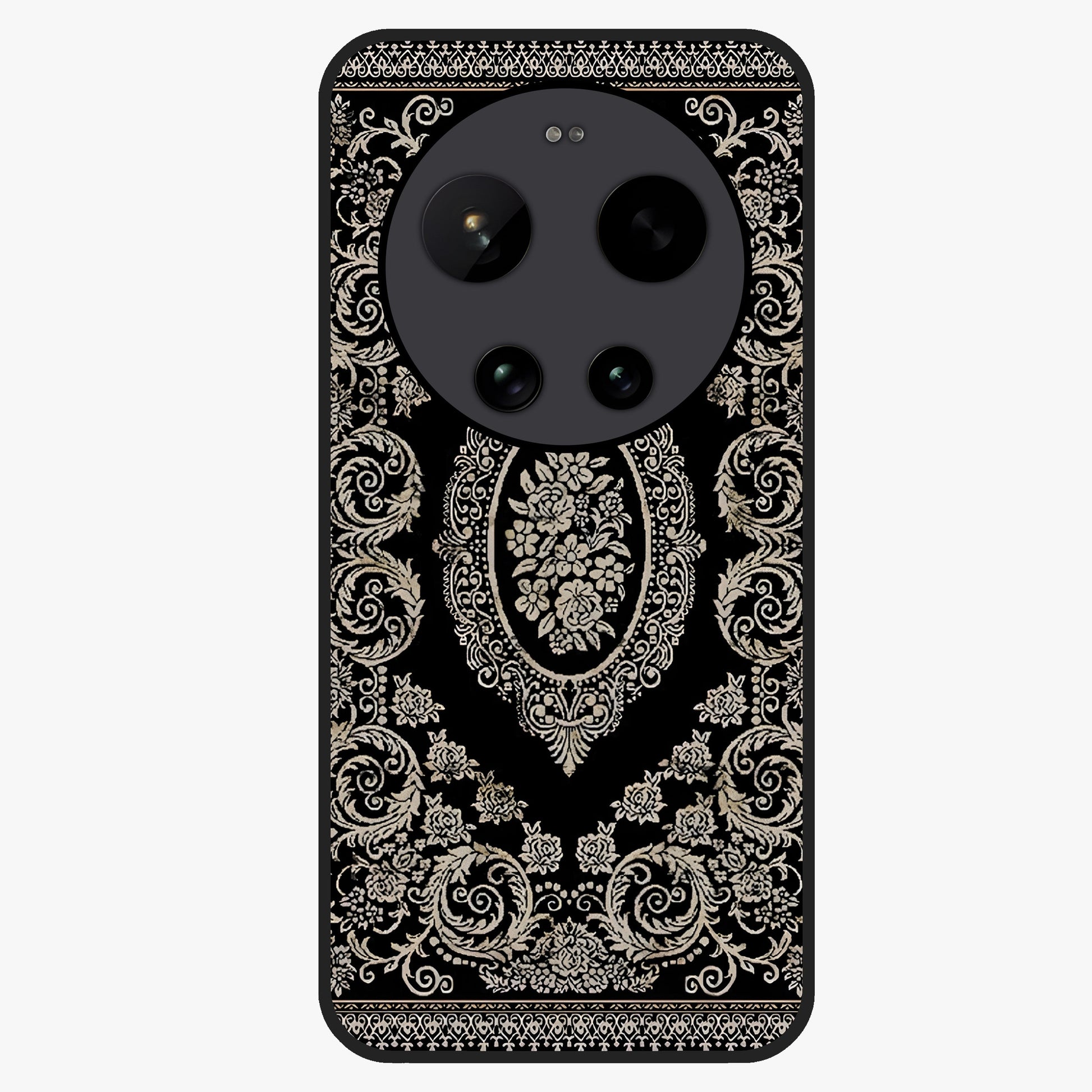 Noir Bloom Elegance Glass Case showing flat back view with elegant dark floral artwork and glossy glass finish.